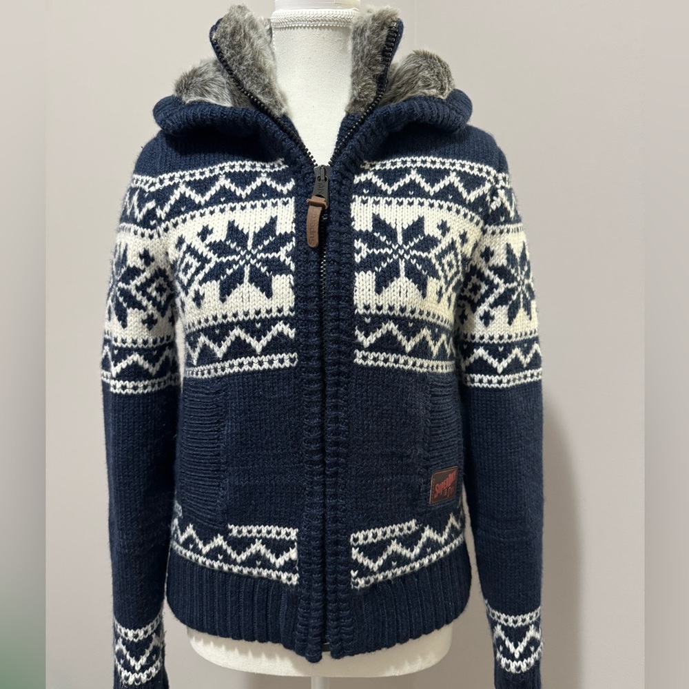 Superdry Navy and White Snowflake Knit Hoodie